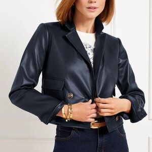 Talbots Navy Faux Leather Cropped Jacket New Size 12
